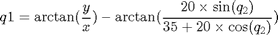 $$q1=\arctan(\frac{y}{x})-\arctan(\frac{20\times\sin(q_2)}{35+20\times\cos(q_2)})$$