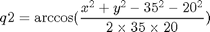 $$q2=\arccos(\frac{x^2+y^2-35^2-20^2}{2\times35\times20})$$